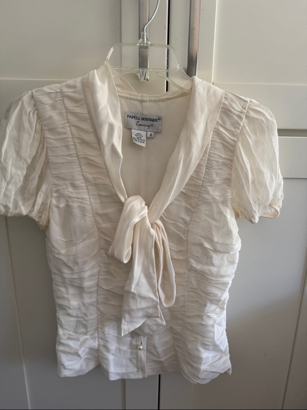 Papell Boutique Ivory Tie-Neck Ruffle Short Sleeve Blouse